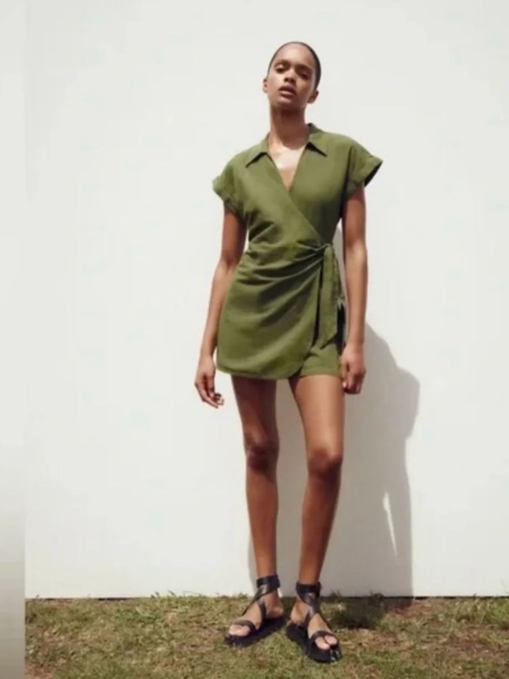 Zara Olive Green Wrap Mini Linen Dress